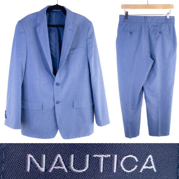 Nautica  2-piece Suit Textured Blue 2 Button Jacket Blazer Boys 16 Pants 28X25 - Picture 1 of 16